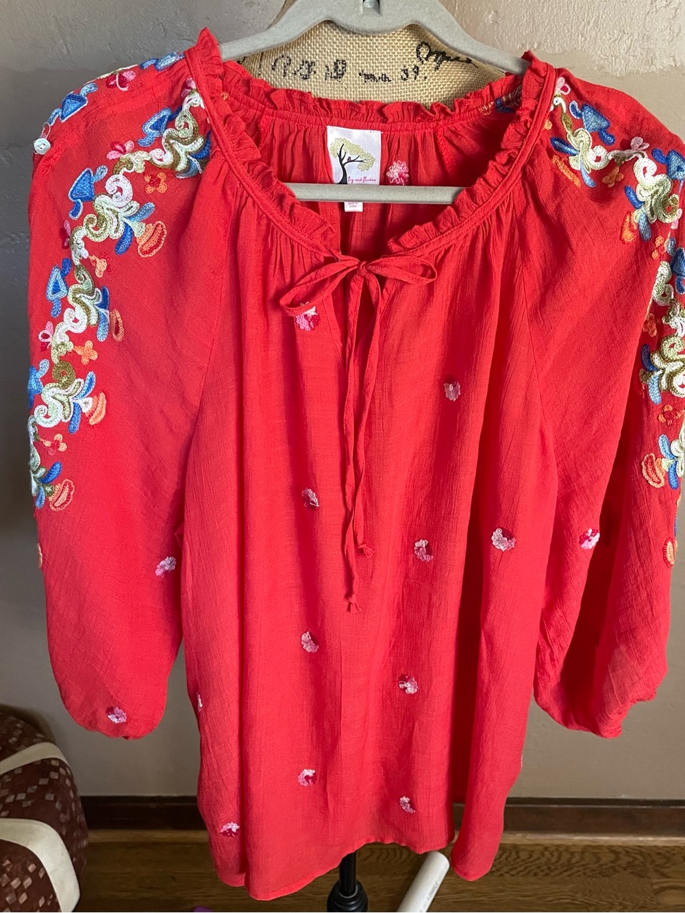 fig and flower Red Embroidered Peasant Tunic